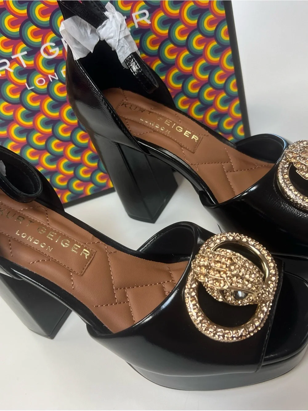 Kurt Geiger Black Patent Platform Sandals with Gold Crystal Medallion